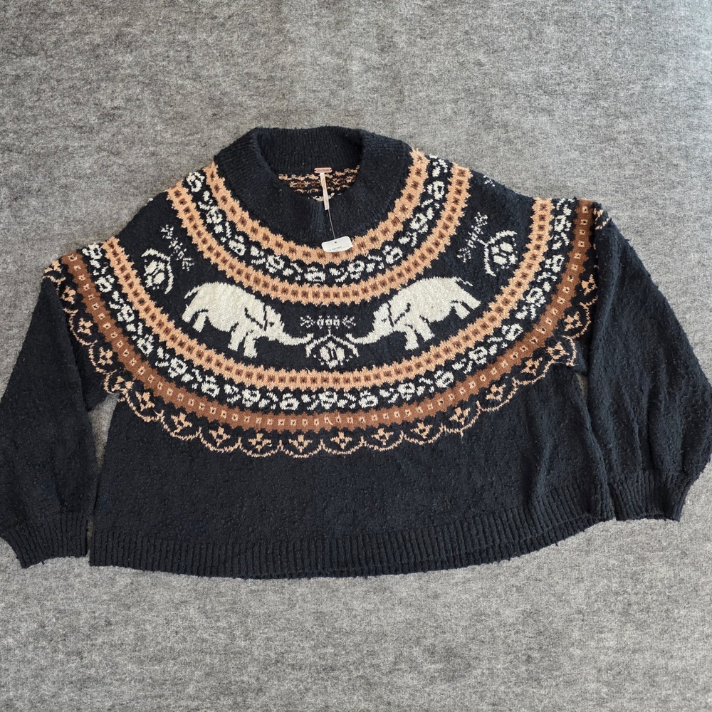 Free People Fair Isle Oversized Nellie Elephant Knit Sweater Large‎ Black Brown - Picture 4 of 14